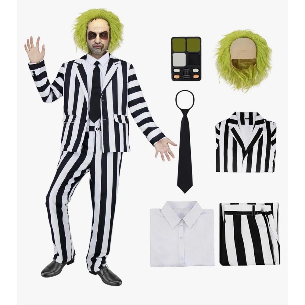 NWT Beetlejuice Men's Halloween Costumes Black and White Striped Suit Set Large